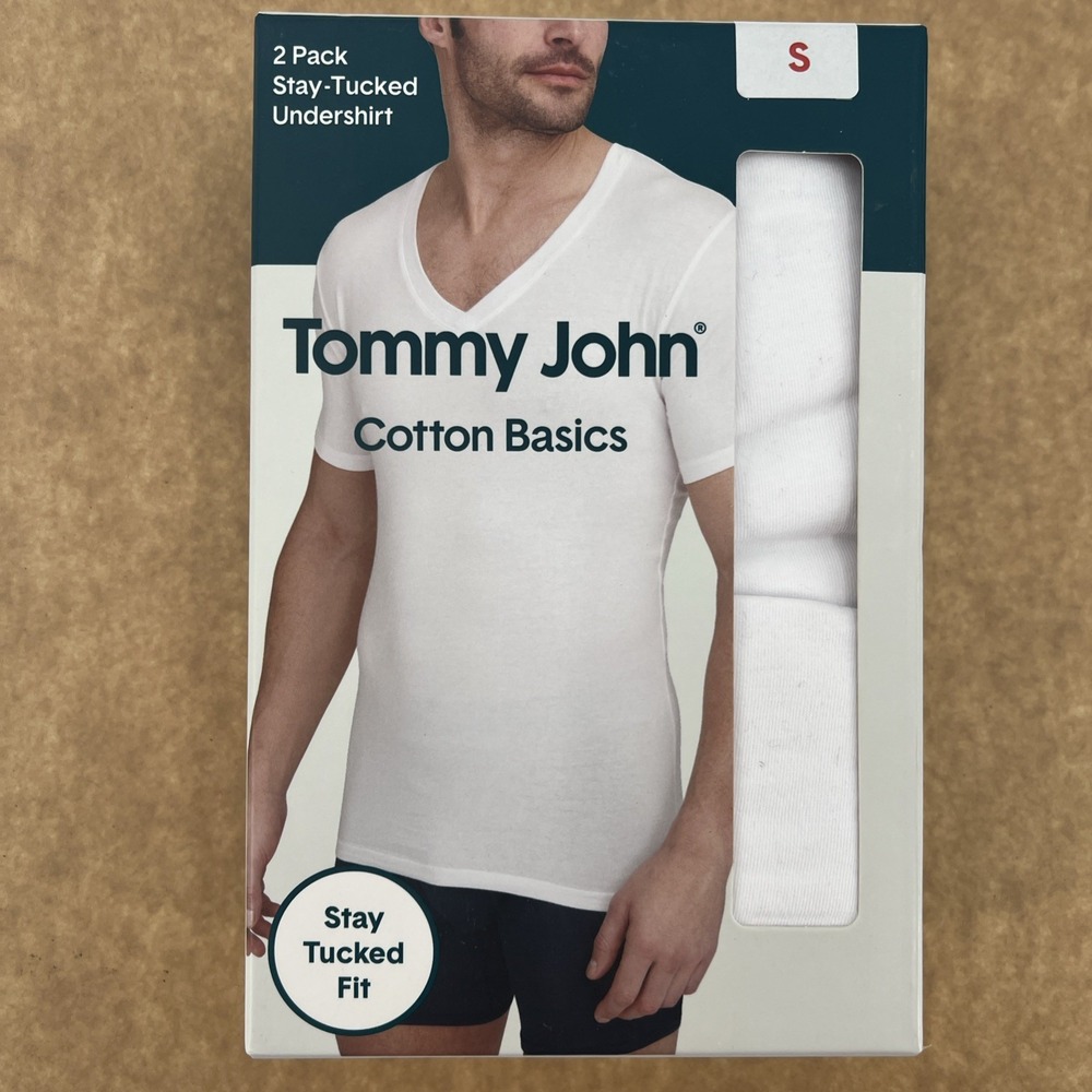 NEW TOMMY JOHN Cotton Undershirt Men's SMALL Deep V Neck Stay Tucked White 2-PK